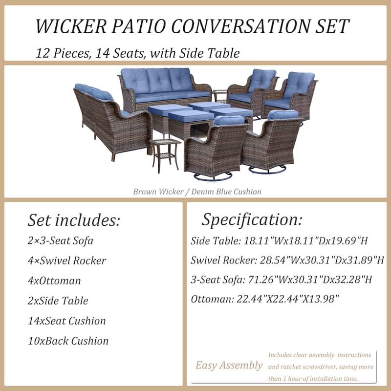 12 Piece Outdoor Wicker Patio Furniture Seating Set with Swivel Chairs