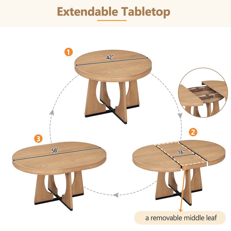 5-Piece Retro Dining Table Set, Extendable Round Table with Removable Leaf
