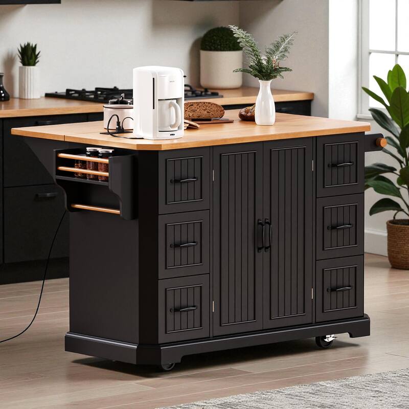 56" Kitchen Island with Drop Leaf & Power Outlet, Rolling Storage Cart with Rubber Wood Veneer Top, 6 Drawers & 4 Door Shelves - Black