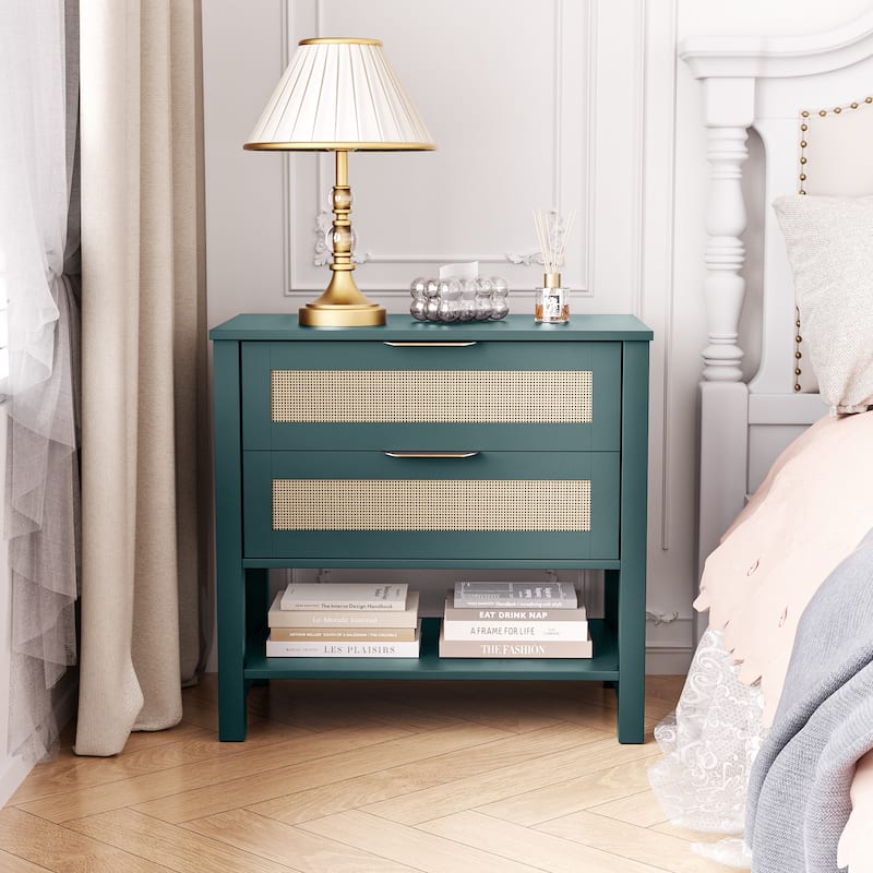 Rattan Nightstand with 2 Drawers and Storage Shelf Boho Bedside Narrow Side Table for Bedroom