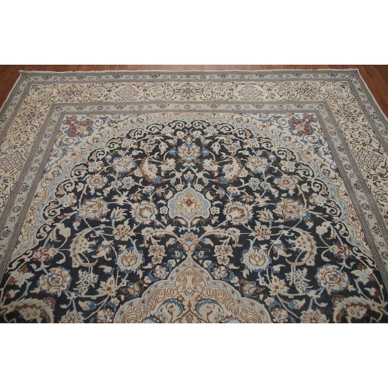 Hand Knotted Oriental 100% Wool Carpet Traditional Floral Black Nain Area Rug - 11' 9'' X 7' 11''