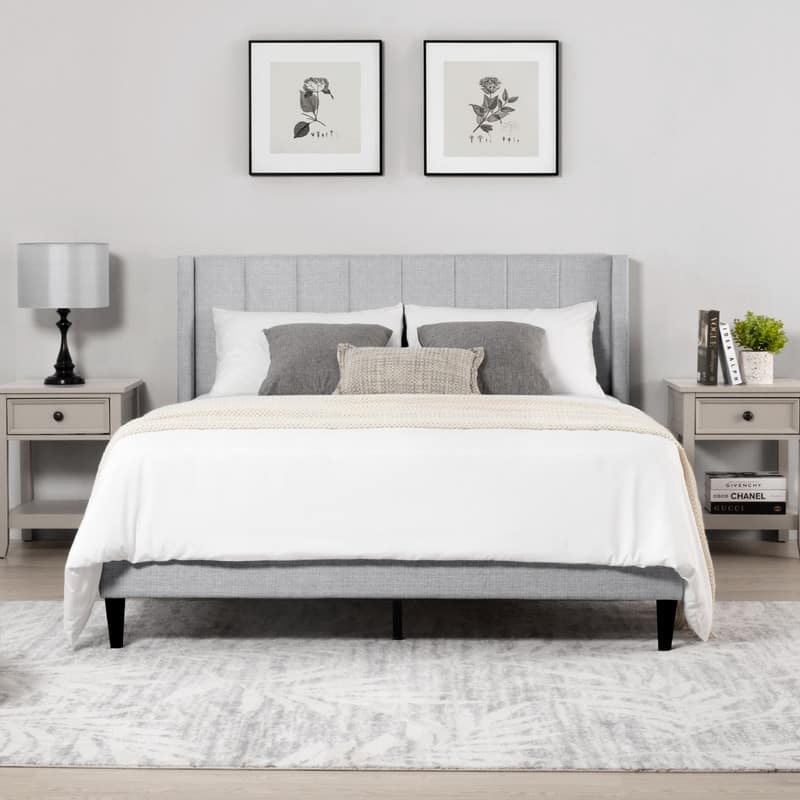 Eleanor Upholstered Platform Bed Frame with Vertical Stripe Headboard - Grey-Channel Headboard - Full