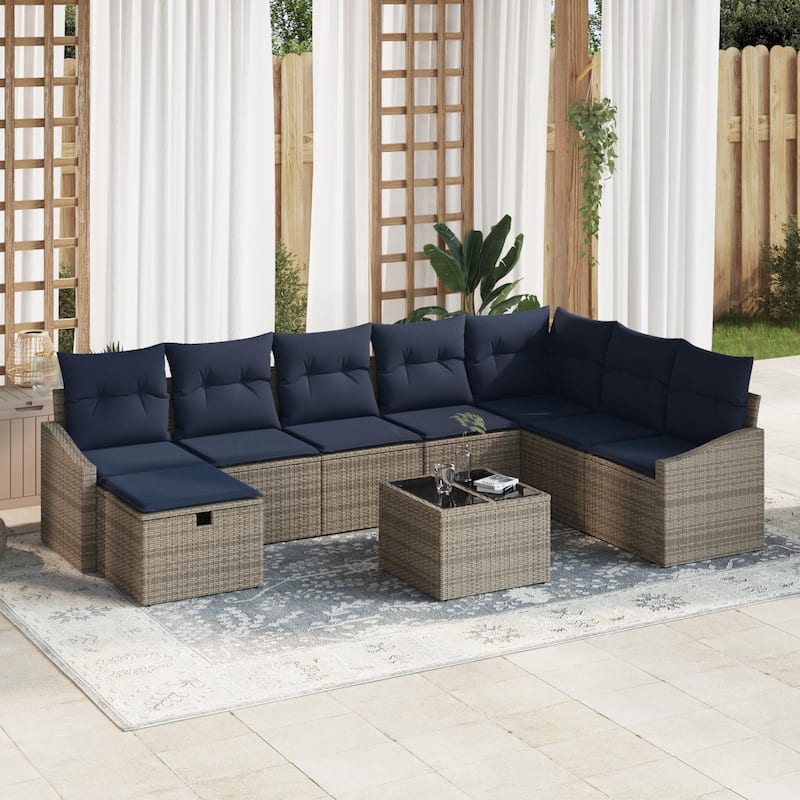 vidaXL 8/9 Garden Sofa Set with Cushions Black/Brown/Grey Poly Rattan - 113.6 x 70.3 x 27.2 - Grey with table