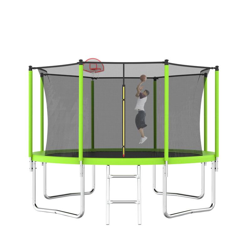 Outdoor Kids Trampoline with Basketball Hoop and Ladder, with Safety Enclosure for Backyard Fun