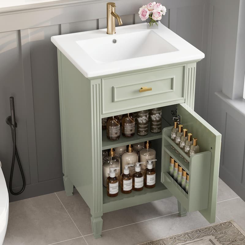 20" Bathroom Vanity, Sink with Solid Wood Legs, Adjustable Shelf, Tilt-Out Drawer