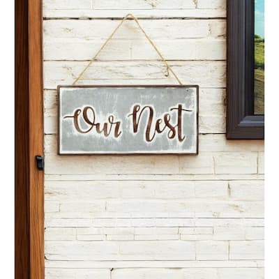HomeRoots 6" X 12" Gray and Brown Our Nest Galvanized Metal Wall Decor