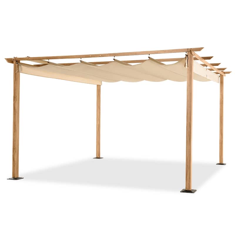 12 ft. x 12 ft. Wood Grain Aluminum Outdoor Pergola with Retractable Shade Canopy