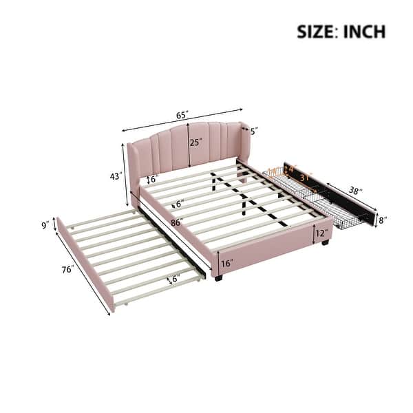 dimension image slide 0 of 2, Upholstered Platform Bed w/ Wingback Headboard, 1 Twin Trundle & 2 Drawers, Linen Fabric, Queen Size, Beige