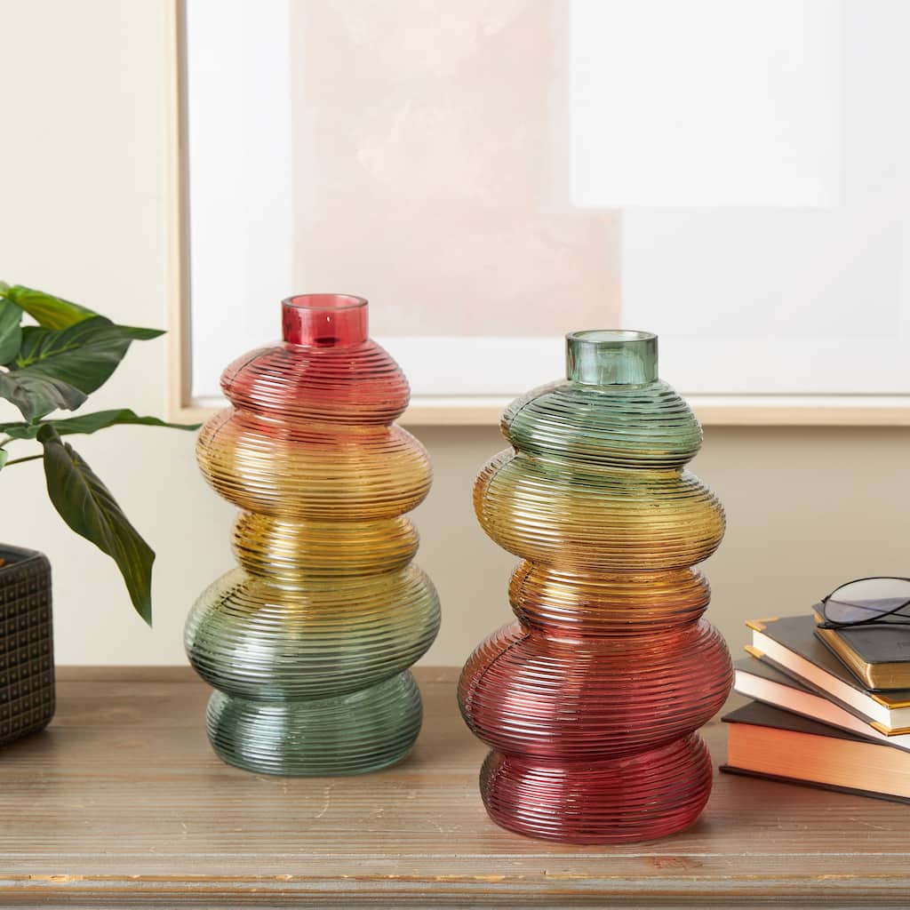 Multi Colored Glass Ribbed Stacked Stones Decorative Vase with Color Blocks (Set of 2)