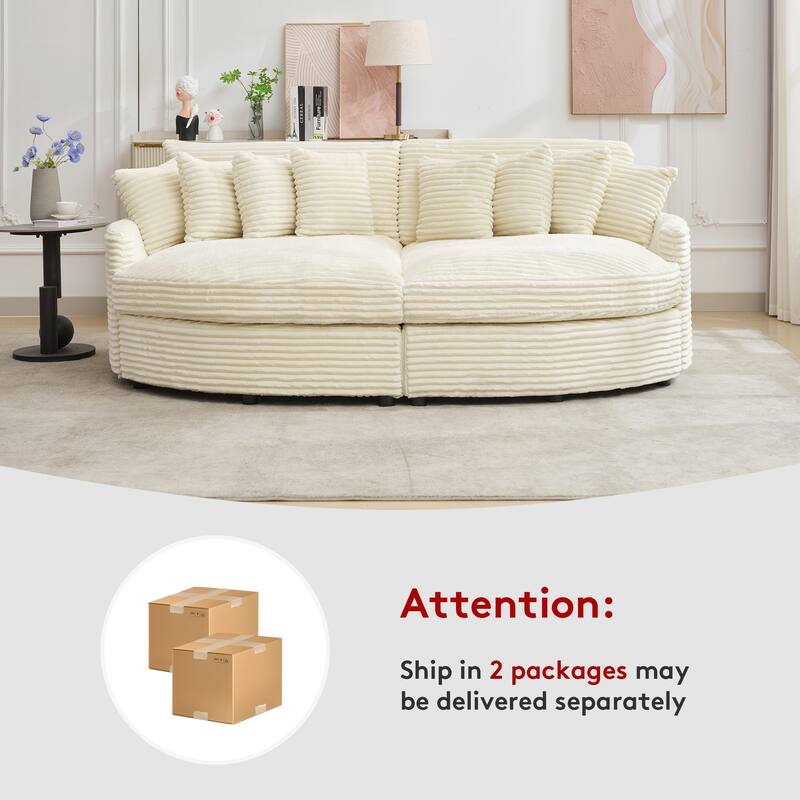 Oversized Fan-shaped Corduroy Couch, 2-piece Sectional Sofa with 4 & 8 Throw Pillows