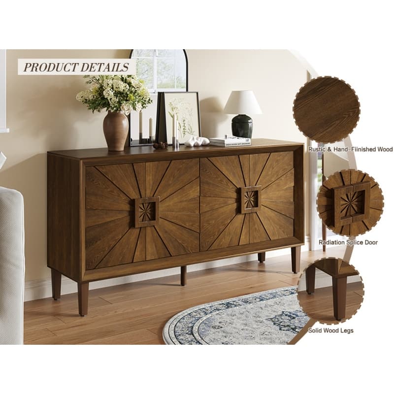 Rustic Farmhouse 59.8" Credenza, Durable Antique Wood Storage Unit for Living Room or Kitchen Use
