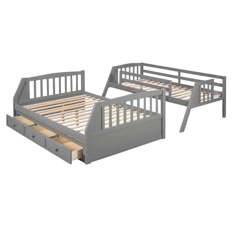 Twin-Over-Full Bunk Bed with Storage Drawers, Ladder, and Staircase - Space-Saving Design