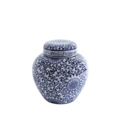 Blue & White Stoneware Ginger Jar with Lid