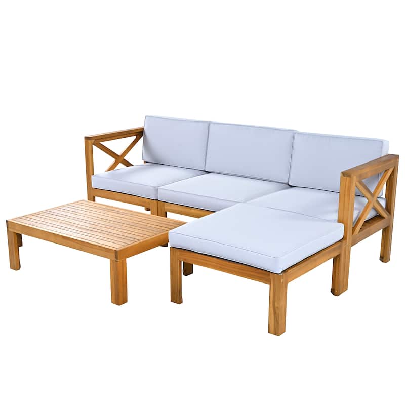 5 Piece Outdoor Patio Furniture Set, All Weather Outdoor Conversation Set, Wooden Sectional Sofa Set with Coffee Table