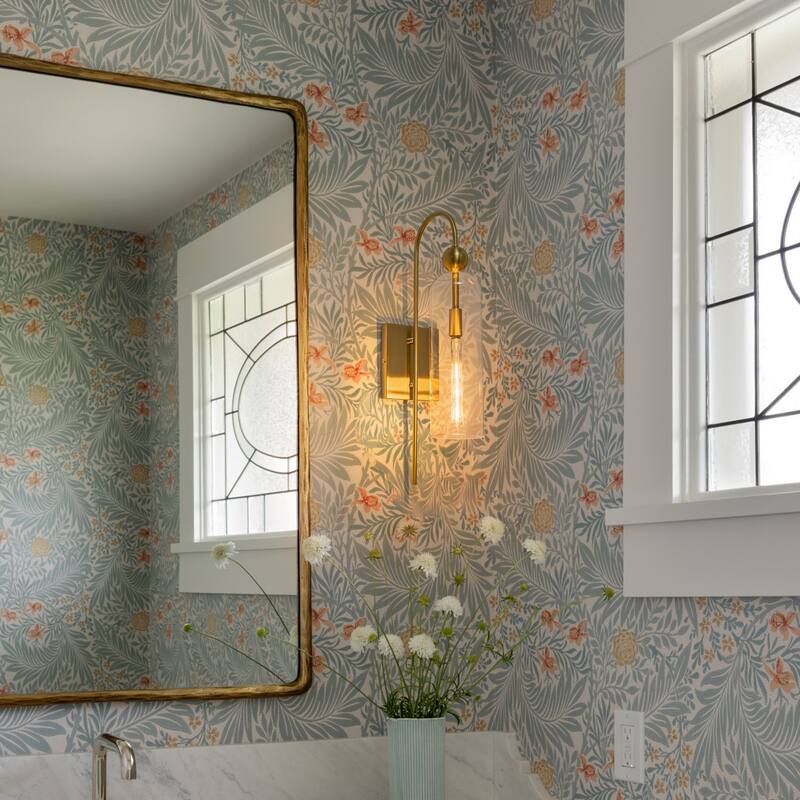 1-Light Brass Wall Sconce with Clear Cylindrical Glass Shade - 4.7" W × 7.9" D × 20.9" H