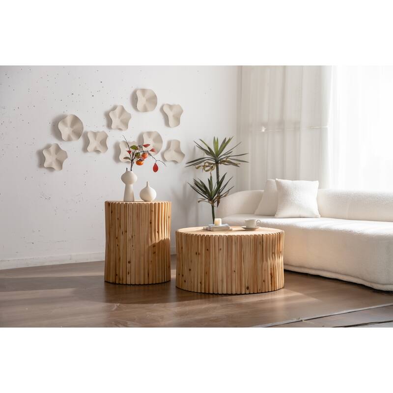 Retro Fashion Style Cylindrical Coffee Table with Vertical Texture Relief Design,Suitable for Living Room,Office(Set of 2)