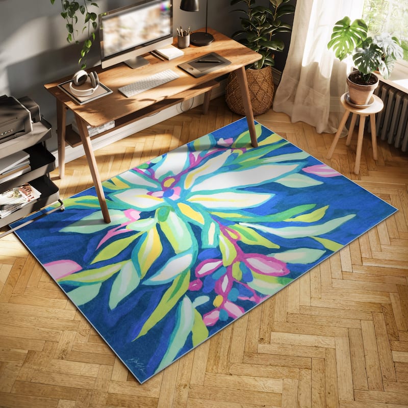 Blue Tropics I, Hand Washable Flowers Art Area Rug, power-loomed, 100% polyester, 2mm pile, non-slipping back