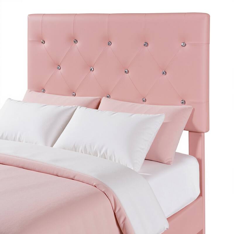 VECELO Bed Frame with Storage Drawers Leather Upholstered with Diamond Tufted Headboard Solid Wood Slat Support