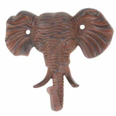 Antiqued Reproduction Cast Iron Elephant Head Single Hook Wall Decor - Rust