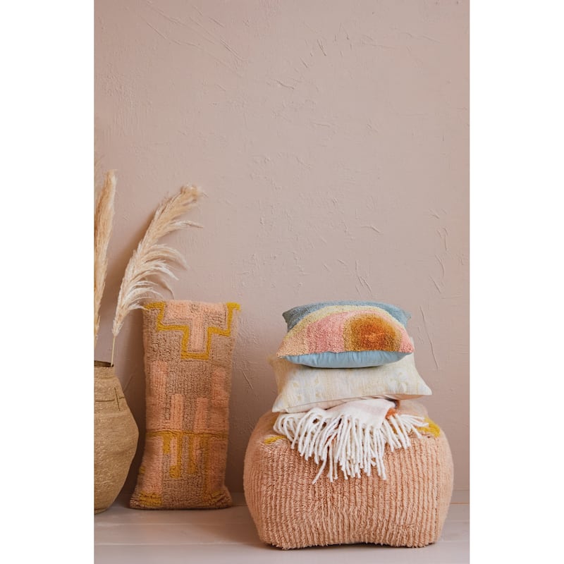 Woven New Zealand Wool Shag Pouf with Design