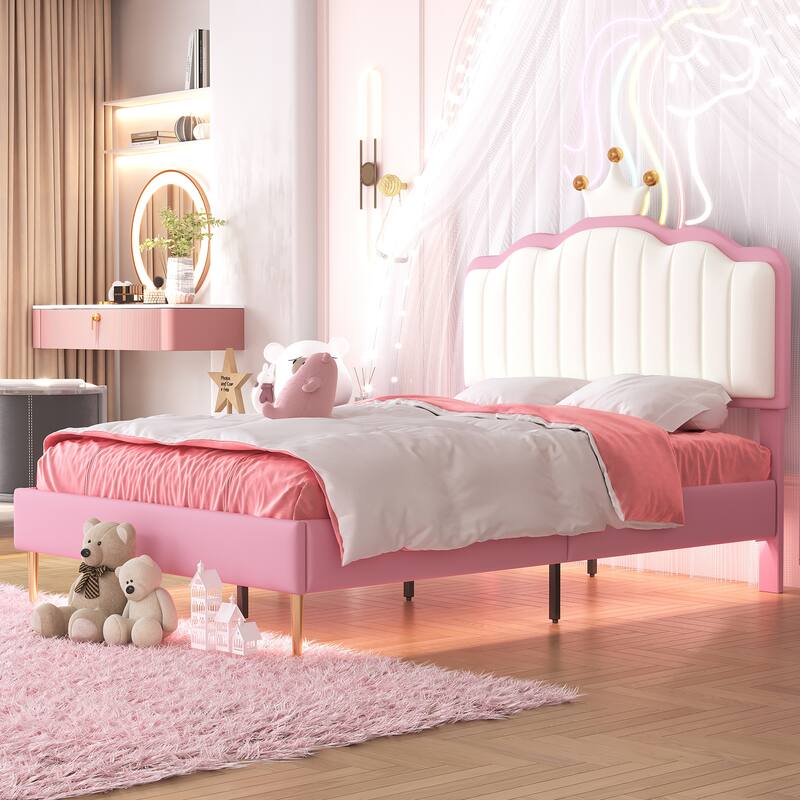 Twin/Full Size Upholstered Kids Princess Bed with Crown Headboard, PU Leather Platform Bed Frame with Light Strips