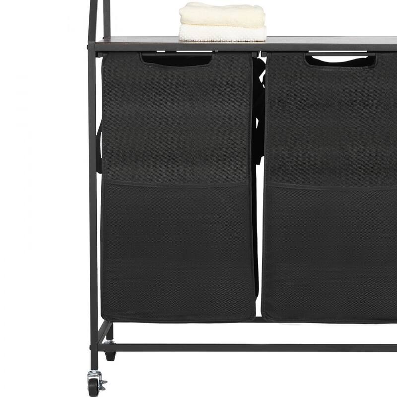 Black Laundry Hamper Sorter on Wheels and 2 Fabric Bags and Wooden Shelves for Home Storage - 27.56 x 12.99 x 41.14 in
