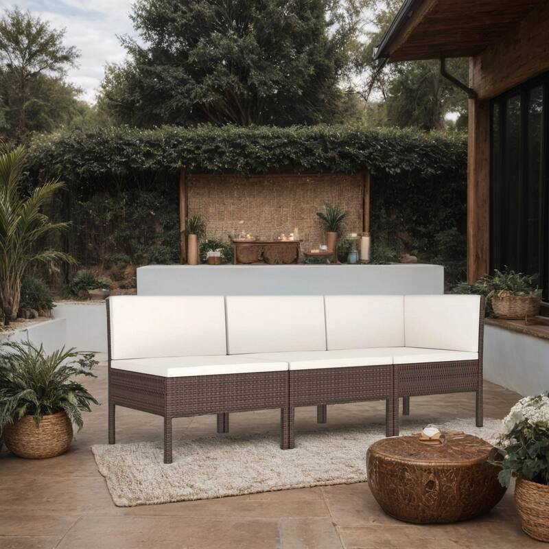 3pc Outdoor Modular Sofa Set, Cushions, Cream White, Brown Poly Rattan