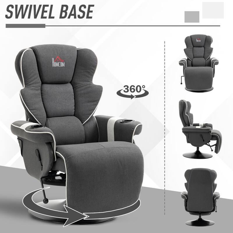 Manual Swivel Recliner Chair Linen Upholstered Lounge Chair with Adjustable Backrest, Footrest and Dual Cup Holders