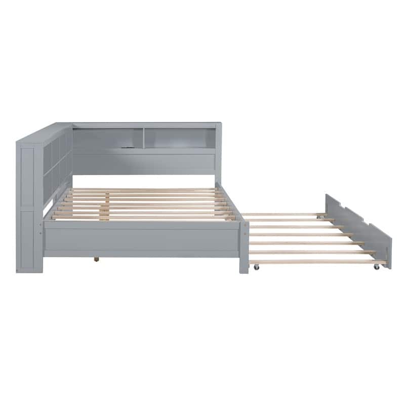 Wooden Full Size DayBed with Twin Size Trundle, DayBed with Storage Shelf and USB Charging Ports