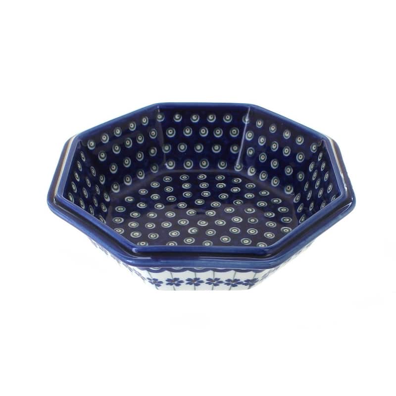 Blue Rose Polish Pottery 238 Zaklady Large Octagonal Bowl - Flowering Peacock