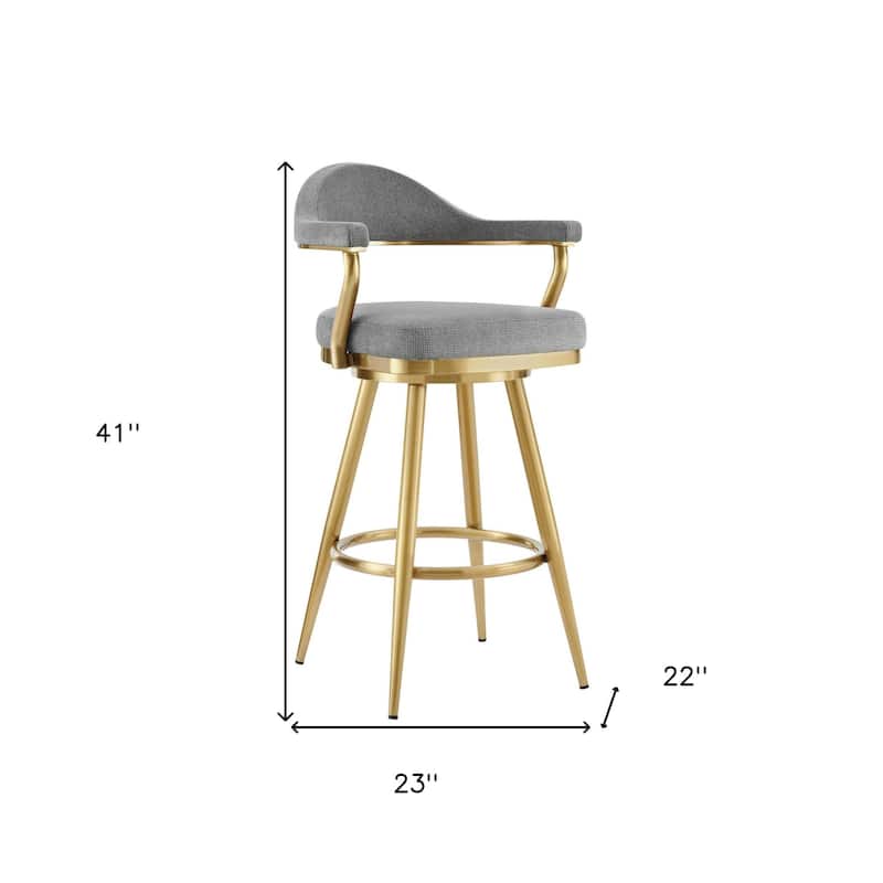 HomeRoots 30" Gray and Gold Fabric and Stainless Steel Low Back Bar Height Swivel Bar Chair