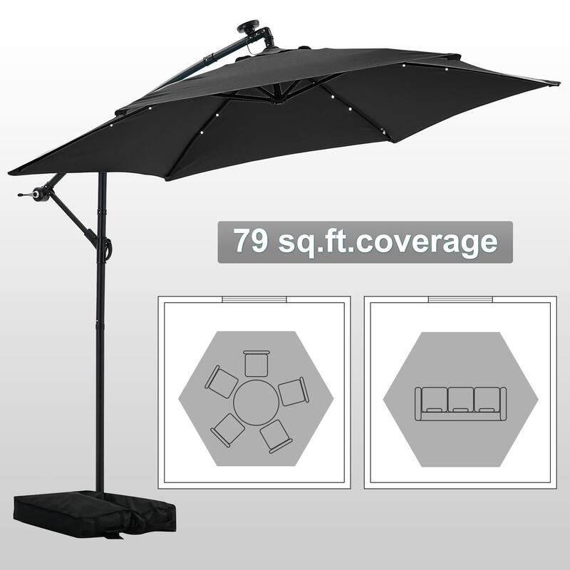 Autlaycil 10ft Offset Hanging Market Patio Umbrella With Base&Solar Lights