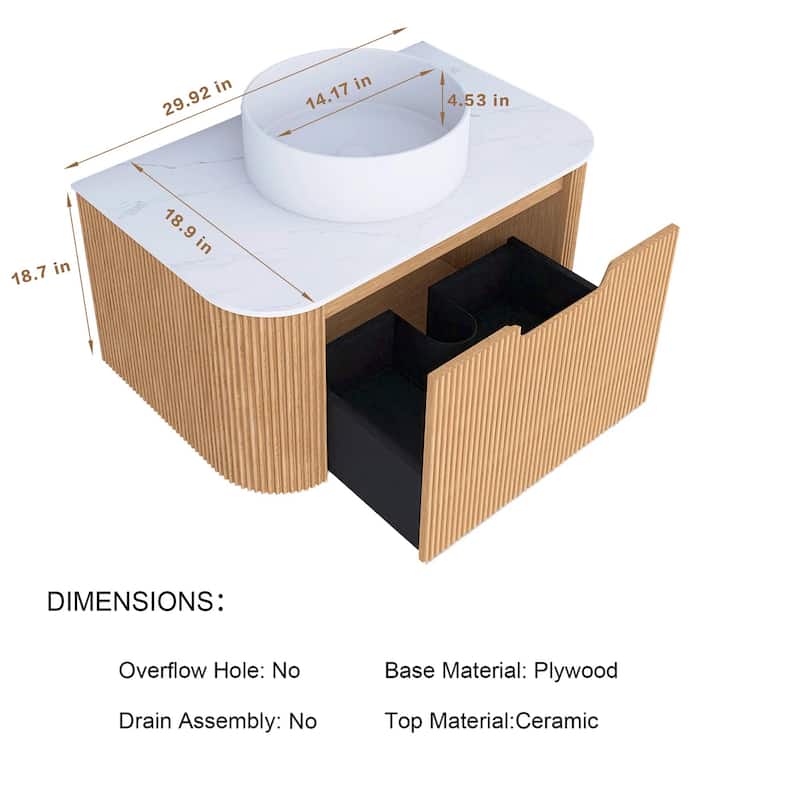 Plywood Wall-Mounted Bathroom Vanity Set with Integrated Ceramic Sink in Natural Wood