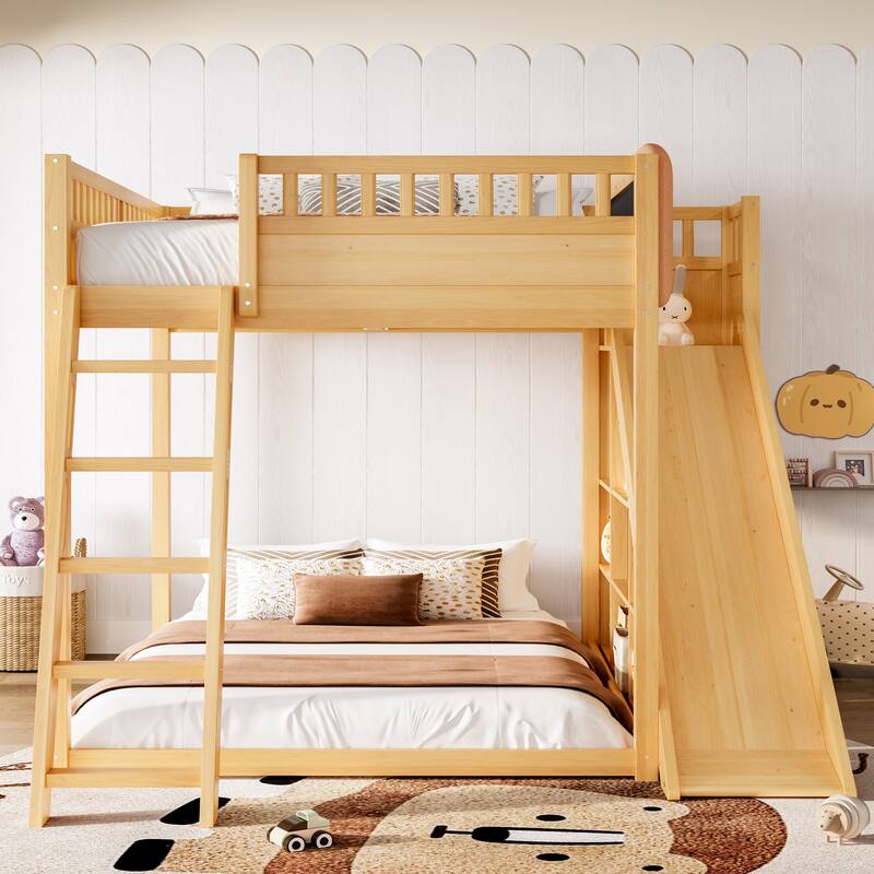 Roomfitters Loft Bed with Upholstered Headboard and Slide, Storage Shelves and Ladder