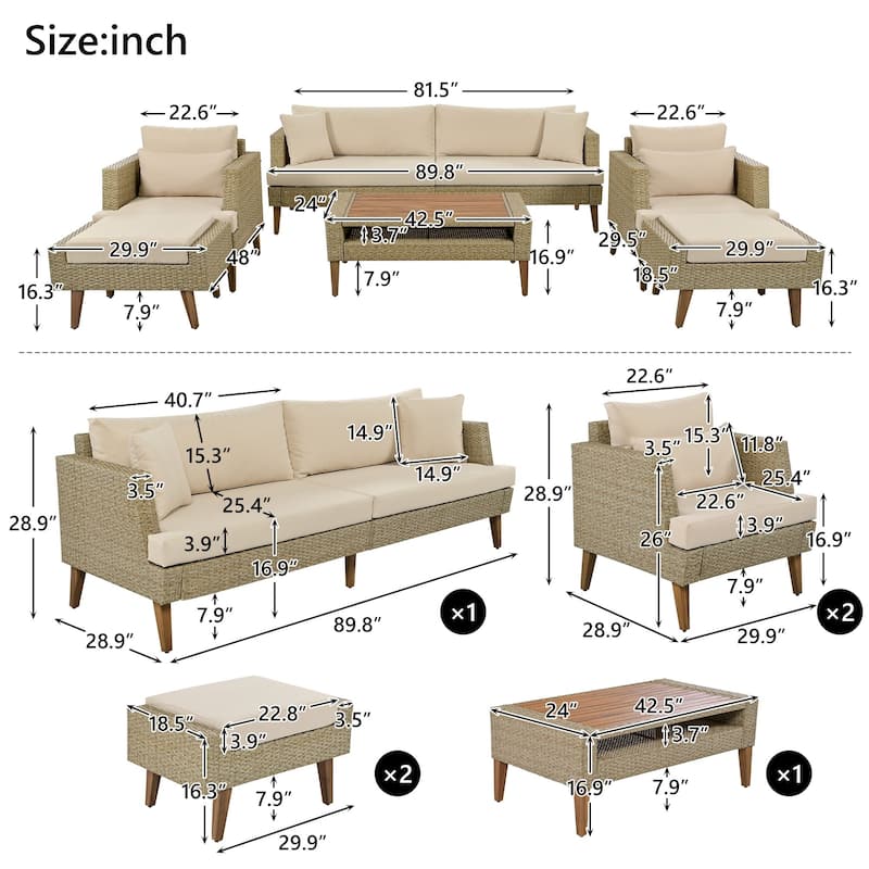 6-Piece PE Rattan Sofa Set with Cushions and Coffee Table
