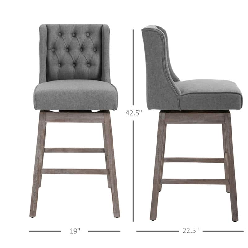 2-Pack Linen Upholstered Ergonomic Bar Stools with Swivel Seat and Solid Wood Legs - 19.25" W x 22.75" D x 43.25" H