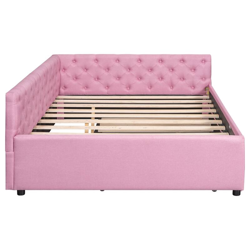 Full XL Size Upholstered Platform Bed Frame with Trundle, Elegant Tufted Button Design and Extra Sleeping Space for Bedroom