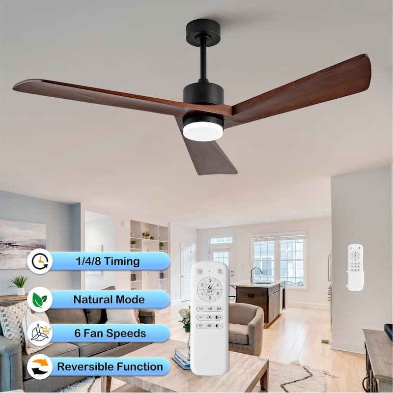 60 Inch Ceiling Fan with Light and Remote, 3 Walnut Solid Wood Blades, Quiet DC Motor, 6-Speed 5000 CFM - Black + Dark Walnut
