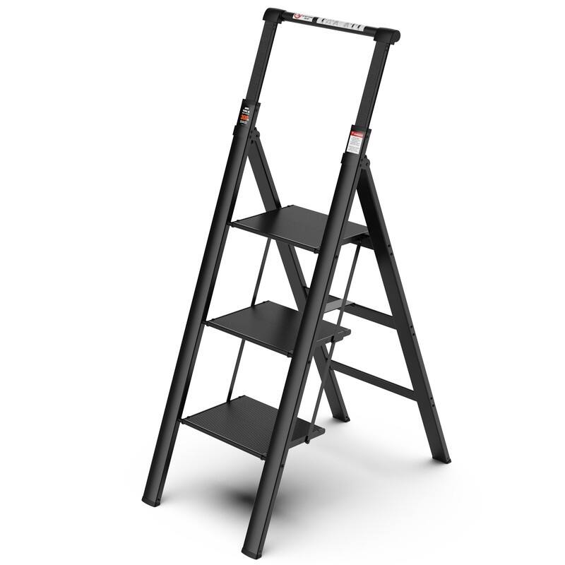 3/4 Step Folding Ladder, lRetractable Handgrip with AntiSlip Wide
