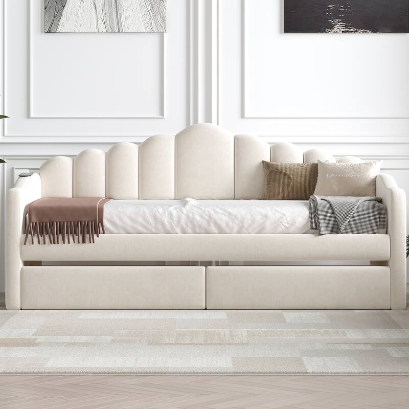 Twin size Daybed with 2 Drawers ,Velvet Sofabed with USB Charging Ports,No Box-spring Needed