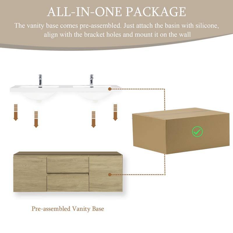 ABRUZZO 60" Floating Bathroom Double Vanity with Integrated Resin Top 2 Basins 2 Cabinets 2 Soft Close Drawers Full Assembly