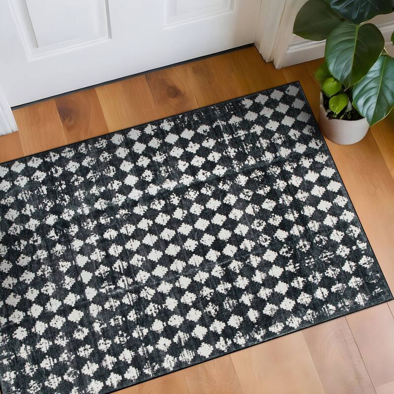 World Rug Gallery Geometric Distressed Abstract Washable Non Slip Area Rug - Black - 2'x4'