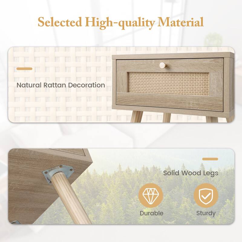 Set of 2 Natural Boho Nightstand with Rattan Drawer and Solid Wood Legs for Bedroom
