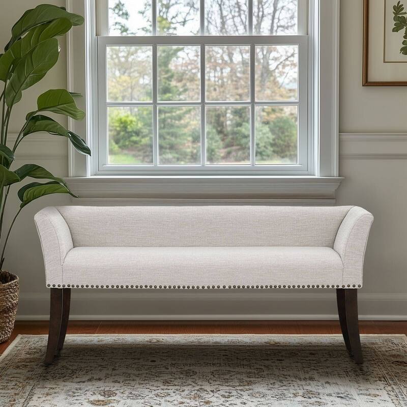 Roomfitters 49.5" Upholstered Accent Bench, Flared Arms and Morocco Wood Legs with Nailhead Trim, Cream