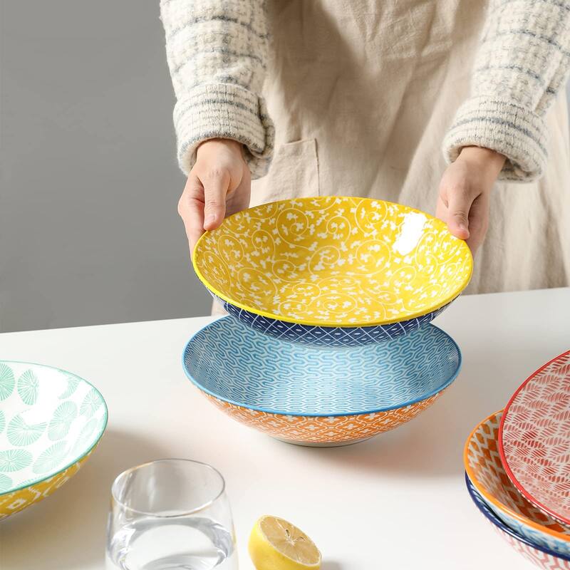 Porcelain 40oz Large Bowls 9 inch Big Pasta Salad Bowls, Microwave and Oven Safe,Set of 6