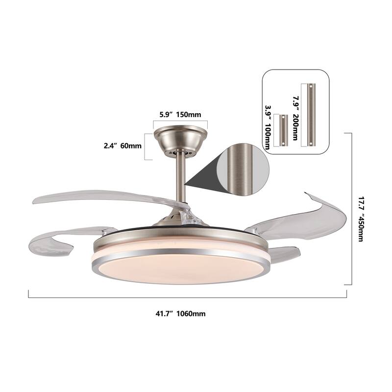 42 Inch 2 Tiers Design Modern LED Ceiling Fan with Light and Remote Control, Retractable Blades, Adjustable 6 Speed - Chrome