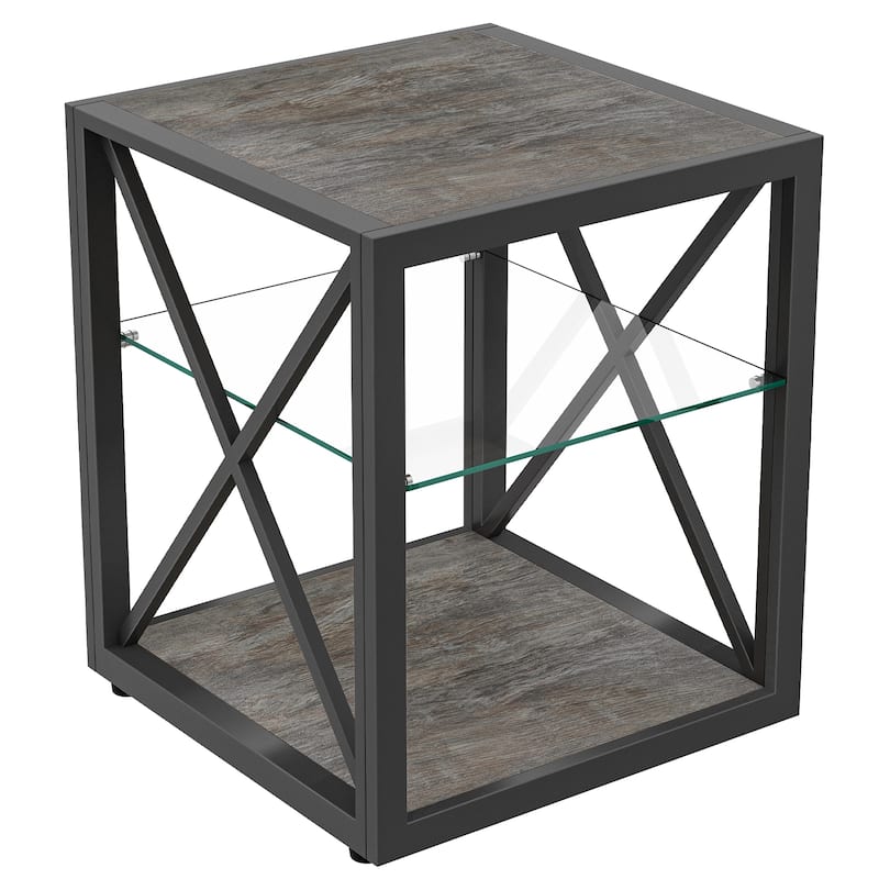 1 piece Modern End Table Nightstand, Tempered Glass&Natural Wood MDF Top ,Industrial Style Side Table