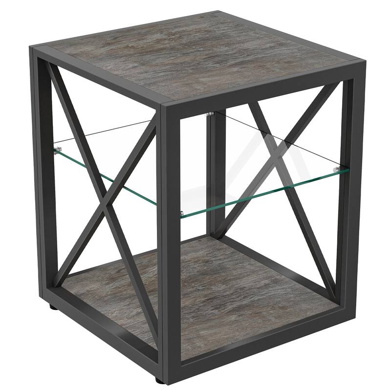 Set Of 2 Modern End Table Nightstand, Tempered Glass&Rustic Wood Grain Mdf,Industrial Style Side Table