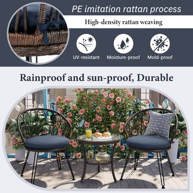 3-Piece Outdoor Patio Rattan Conversation Leisure Chairs Set with 2 Chair and Glass Coffee Table
