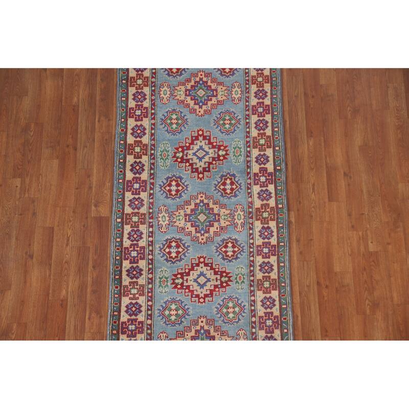 Hand Knotted Oriental 100% Wool Carpet Traditional Geometric Navy Blue & Blues Kazak Area Rug - 6' 4'' X 2' 9''